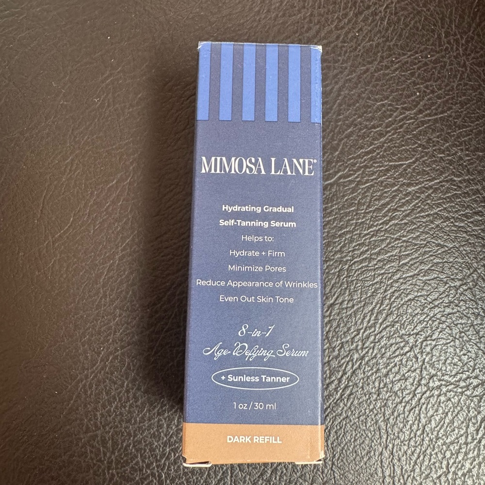 New in Box Mimosa Lane 8-in-1 Face Serum + Self Tanner refill. Dark-1oz